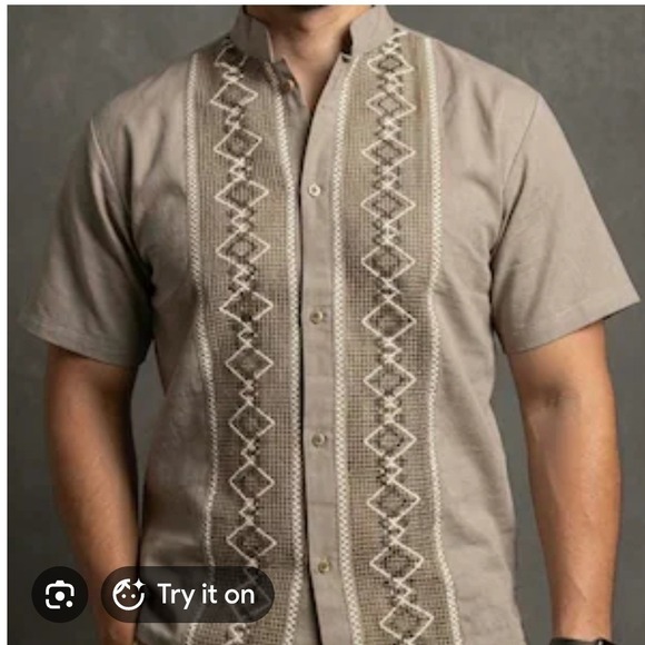Unbranded Other - Mens Traditional Guayabera Top‎ Taupe Embroidered Short Sleeve Band Collar Shirt